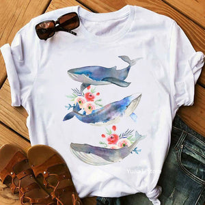 Women's Whales Watercolor Flowers Print T-Shirt