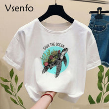 Load image into Gallery viewer, Women&#39;s Save The Ocean Turtle Print T-shirt